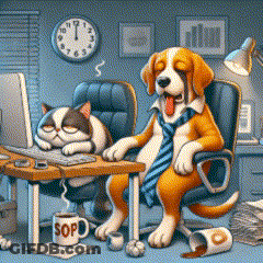 Dog And Cat At Desk With Cup Saying Sopd GIF