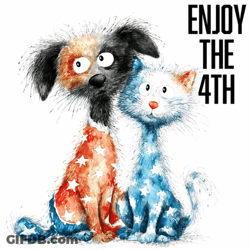 Dog And Cat Sitting Enjoy The 4Th GIF