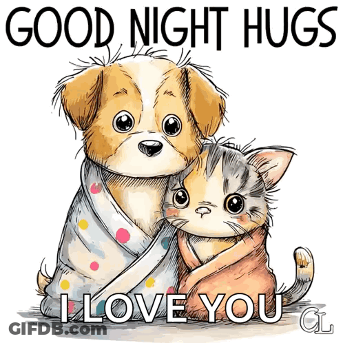 Dog And Cat Wrapped In Blanket Good Night Hugs I Love You GIF
