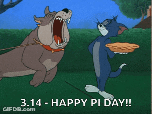 Dog Biting Cat Holding Happy Pi Day Pie GIF