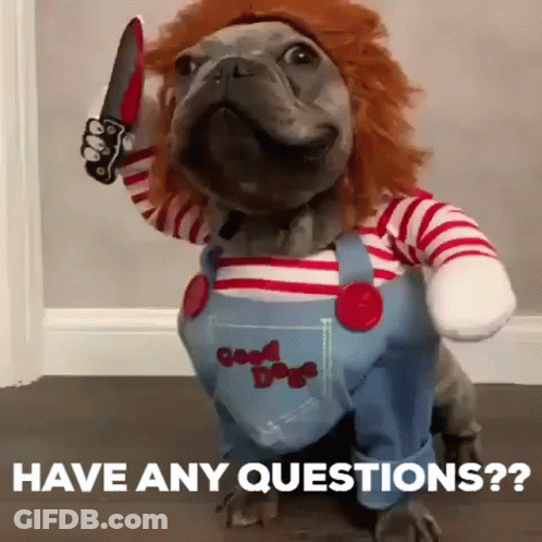 Dog Dressed As Chucky Holding Knife GIF