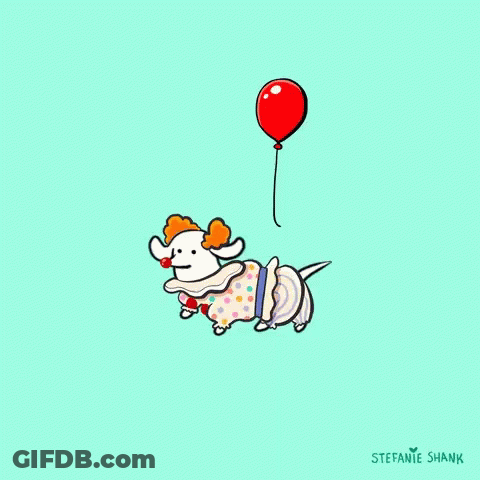 Dog Dressed As Clown Holding Red Balloon By Stefanie Shank GIF
