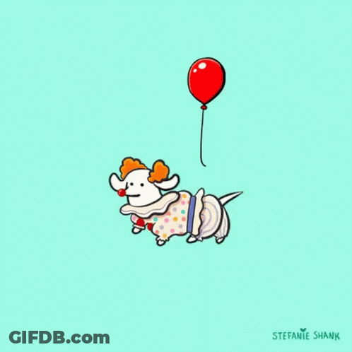 Dog Dressed As Clown Holding Red Balloon GIF