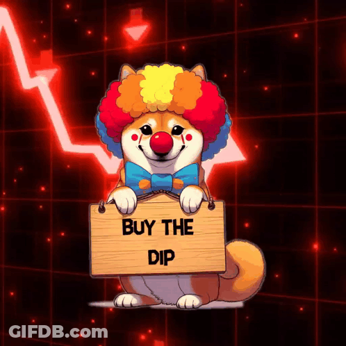 Dog Dressed As Clown Holds Sign Saying Buy The Dip GIF