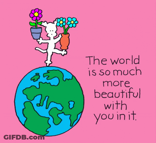 Dog Holding Flowers Globe Saying World More Beautiful With You GIF