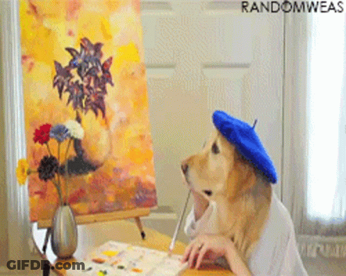 Dog In Blue Beret Painting Flowers GIF