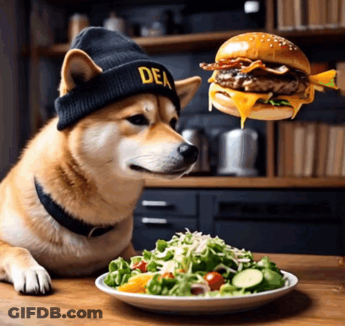 Dog In DEA Hat Looking At Hamburger GIF