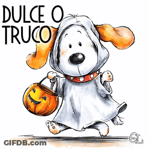 Dog In Ghost Costume Holding Pumpkin GIF
