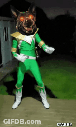 Dog In Green Power Ranger Costume With Red Eyes GIF