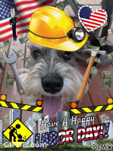 Dog In Hard Hat Holding Hammer Have A Happy Labor Day GIF