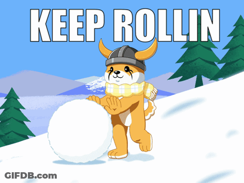 Dog In Helmet And Scarf Holding Snowball Keep Rollin GIF