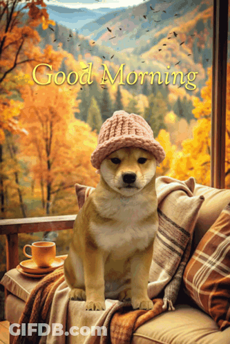 Dog In Knitted Hat On Couch Saying Good Morning GIF
