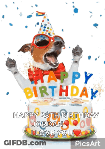 Dog In Party Hat And Sunglasses With Happy 28Th Birthday Jordan Cake GIF