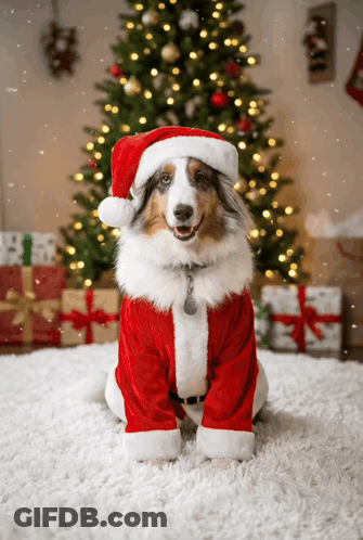 Dog In Santa Suit And Hat In Front Of Christmas Tree GIF