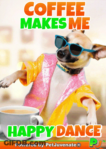 Dog In Sunglasses And Robe Saying Coffee Makes Me Happy Dance GIF