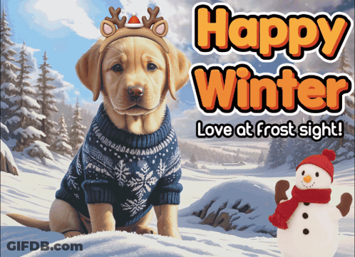 Dog In Sweater And Reindeer Headband Says Happy Winter Love At Frost Sight GIF