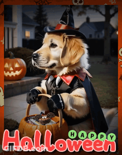 Dog In Witch Costume Holding Trick Or Treat Basket GIF
