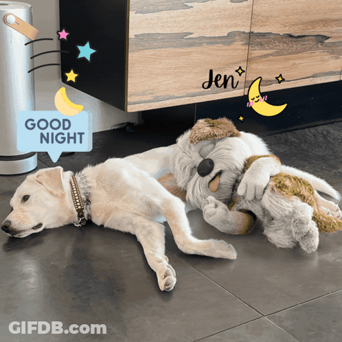 Dog Laying Next To Stuffed Animal Saying Good Night GIF