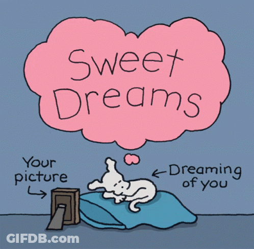 Dog Lying On Bed With Pink Sweet Dreams Bubble GIF