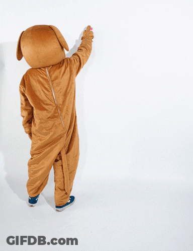 Dog Mascot Squatting In Front Of Sup GIF
