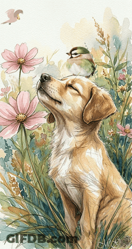 Dog Smelling Flowers With Bird On Head GIF