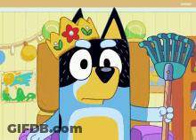Dog Wearing Crown Holding Mop GIF