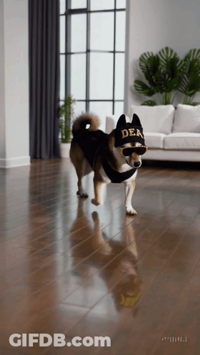 Dog Wearing Dea Hat And Sunglasses In Living Room GIF