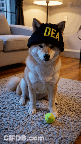 Dog Wearing Hat Saying Dea Next To Tennis Ball GIF