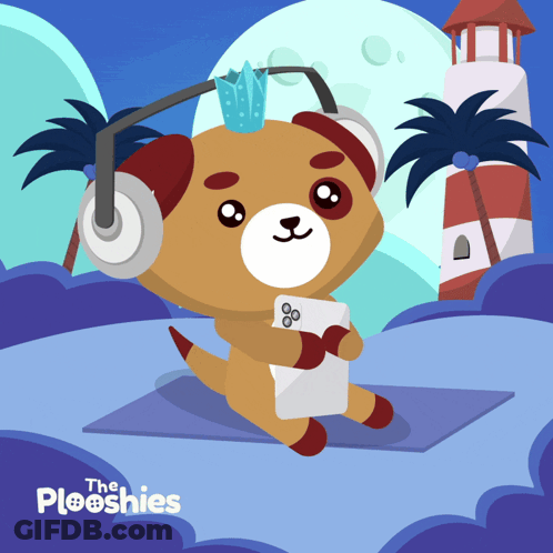 Dog Wearing Headphones Holding Ploshies Card GIF