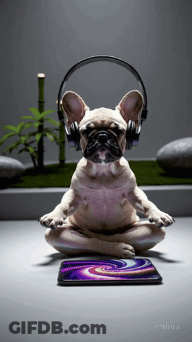 Dog Wearing Headphones Sitting Cross-Legged GIF