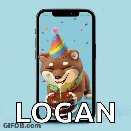 Dog Wearing Party Hat Holding Birthday Cake Saying Logan GIF