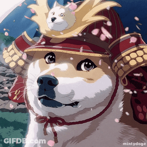 Dog Wearing Samurai Helmet And Armor GIF