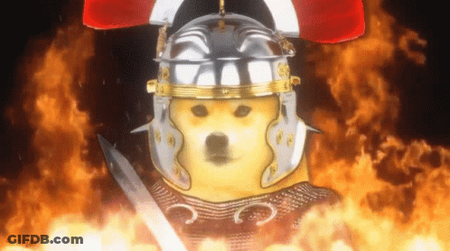 Dog With Helmet Holding Sword In Front Of Fire GIF