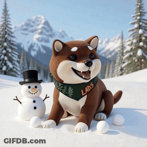 Dog With Lads Bandana Sitting In Snow Next To Snowman GIF