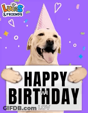 Dog With Party Hat And Happy Birthday Sign GIF