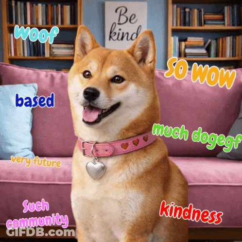 Dog With Pink Collar Surrounded By Woof Text GIF