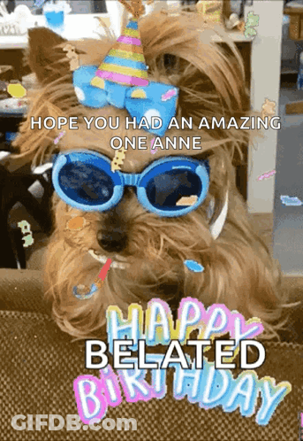 Dog With Sunglasses And Party Hat Saying Happy Belated Birthday GIF