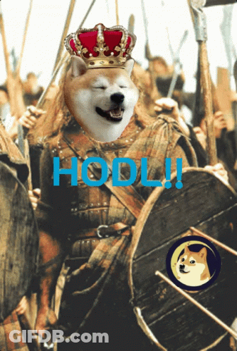 Doge Wearing Crown Holding Shield Saying HODL GIF