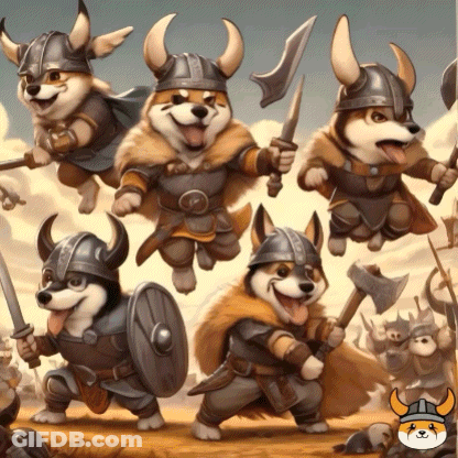 Dogs Dressed As Vikings With Horned Helmets And Shields GIF