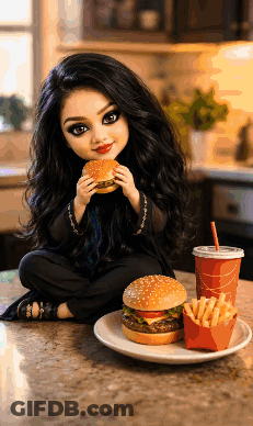Doll Eating Hamburger And Drinking Soda GIF