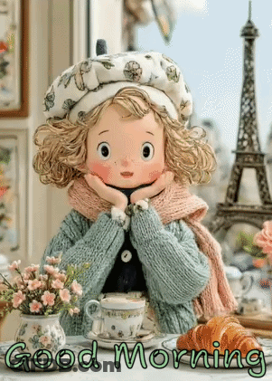 Doll Sitting At Table With Coffee, Croissant And Flowers GIF