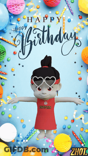 Doll Wearing Heart Sunglasses Happy Birthday Card GIF