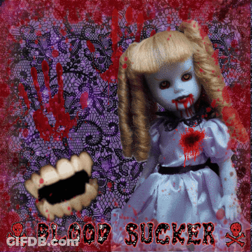 Doll With Blood On Face Saying Blood Sucker GIF
