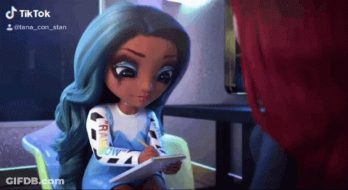 Doll With Blue Hair Holding Notebook And Pencil GIF