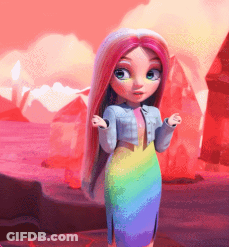 Doll With Pink Hair And Rainbow Skirt GIF