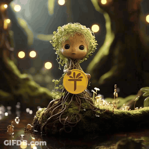 Doll With Roots And Coin With Chinese Symbol GIF