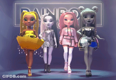 Dolls In Front Of Rainbow Sign GIF