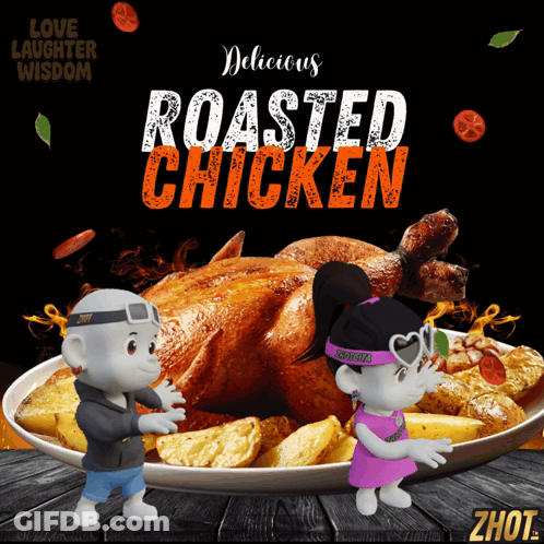 Dolls Standing Next To Roasted Chicken GIF