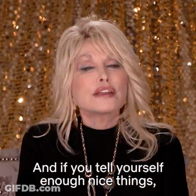Dolly Parton In Black Top And Gold Necklace Saying And If You Tell Yourself Enough Nice Things GIF