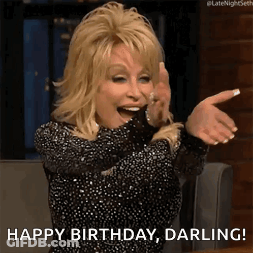 Dolly Parton Is Wearing A Black Sequined Dress And Laughing While Saying Happy Birthday Darling . GIF